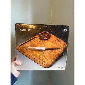Vintage Teak Cheese Board By Essentials With Knife & Amber Anchor Hocking Glass